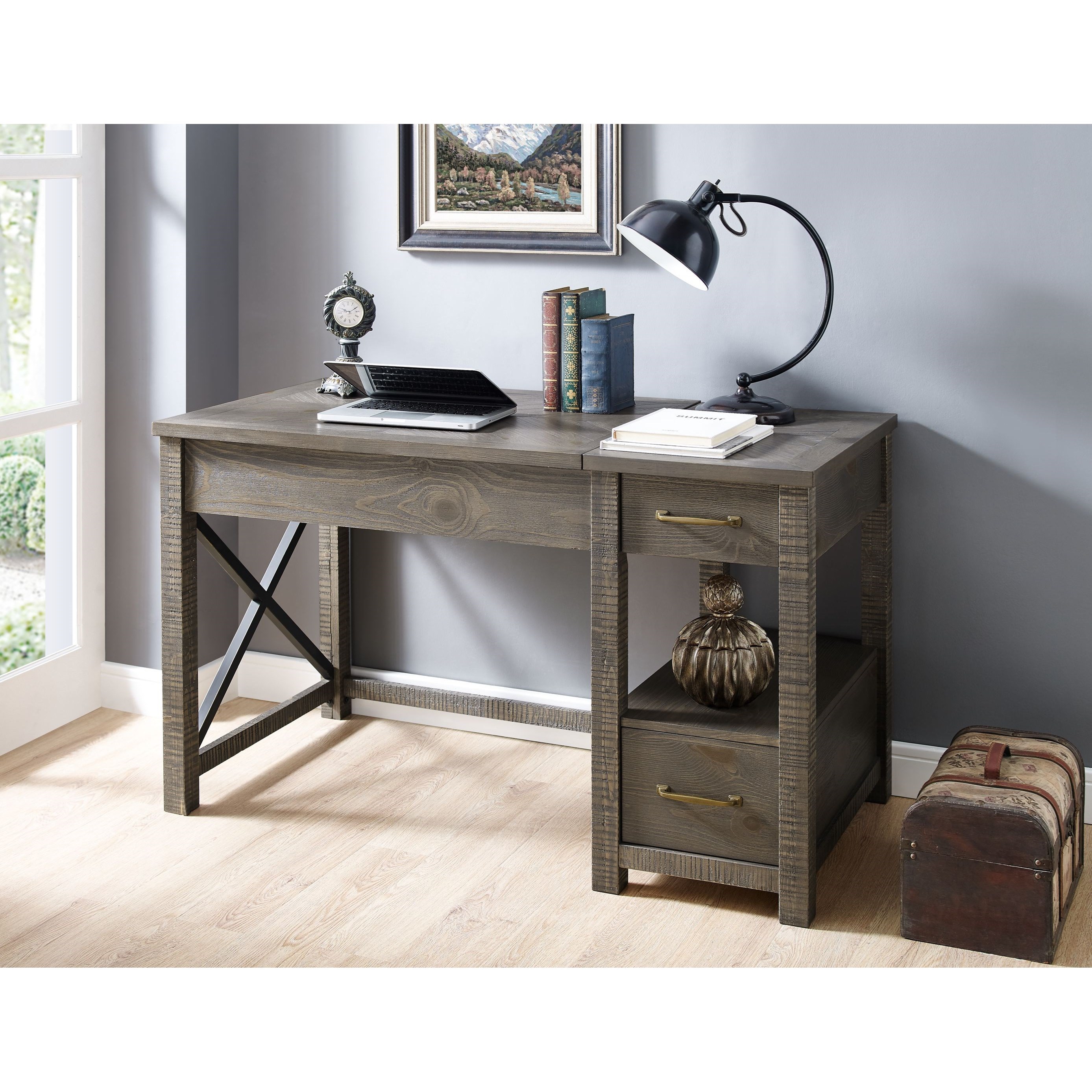 Dexter Rustic LiftTop Desk with 2 Drawers and Open Shelf Sadler's